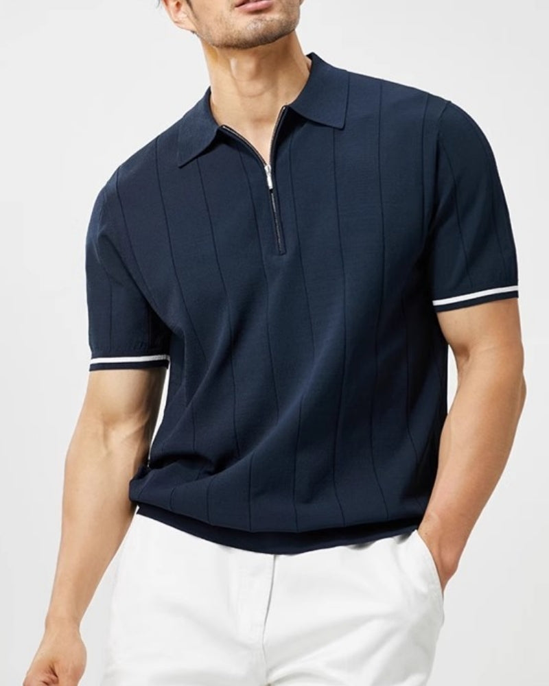 Polo Maille Rayures Verticales Zip & Poignets Contrastés homme