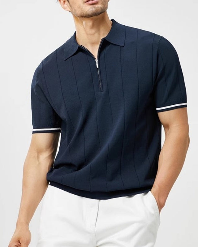 Polo Maille Rayures Verticales Zip & Poignets Contrastés homme