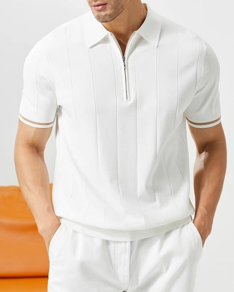Polo Maille Rayures Verticales Zip & Poignets Contrastés homme - vue 2