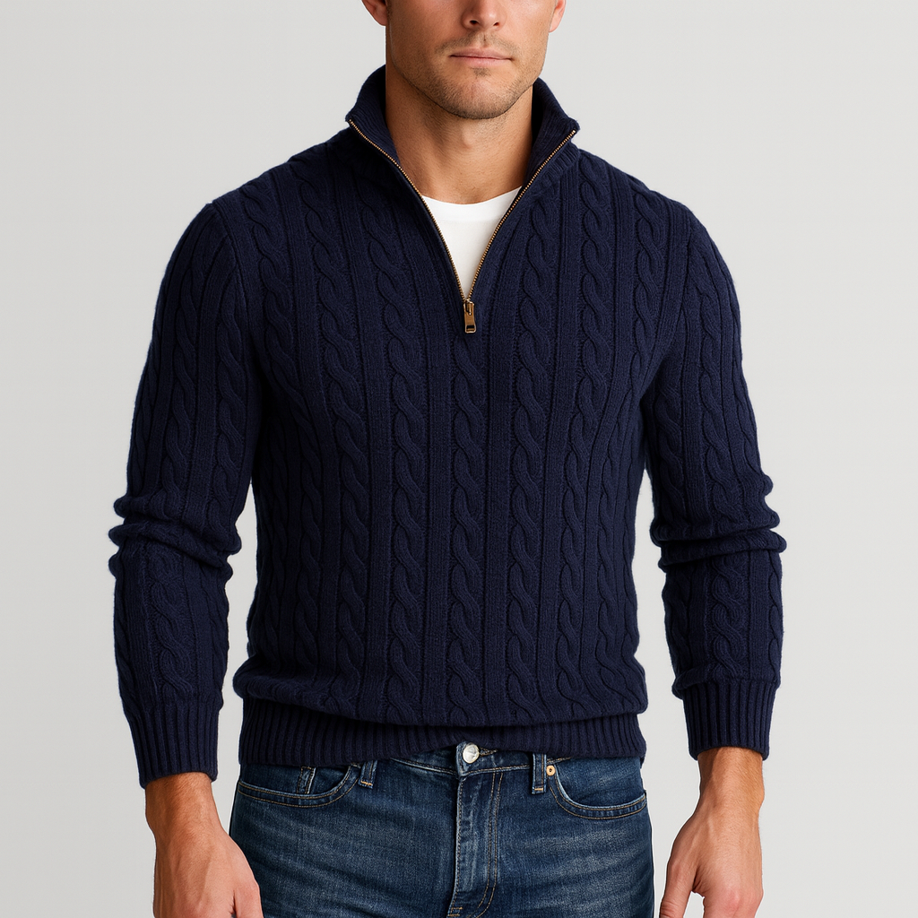 NICOLAS - pull demi-zip torsadé col montant pour homme