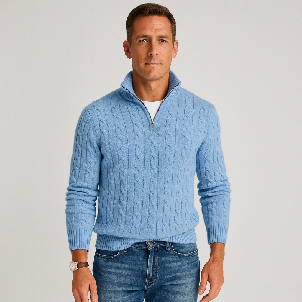 NICOLAS - pull demi-zip torsadé col montant pour homme