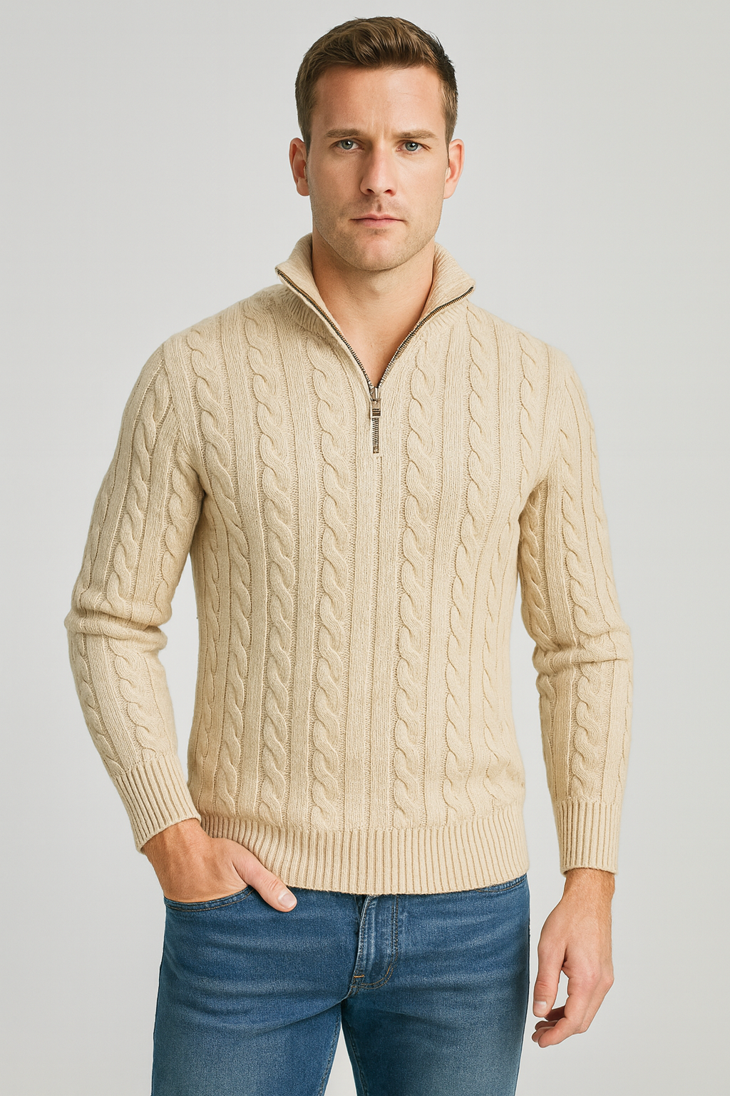 NICOLAS - pull demi-zip torsadé col montant pour homme
