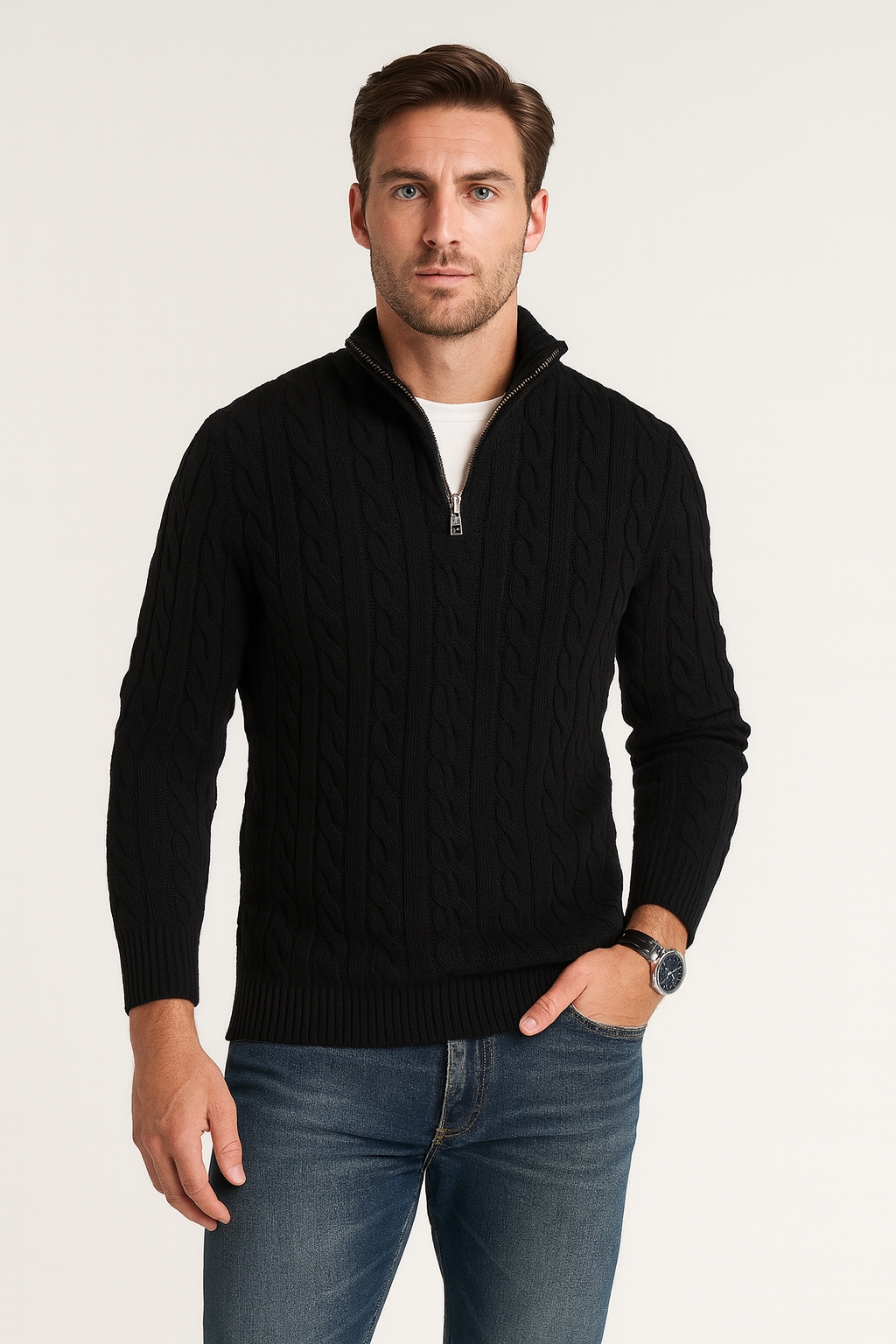NICOLAS - pull demi-zip torsadé col montant pour homme