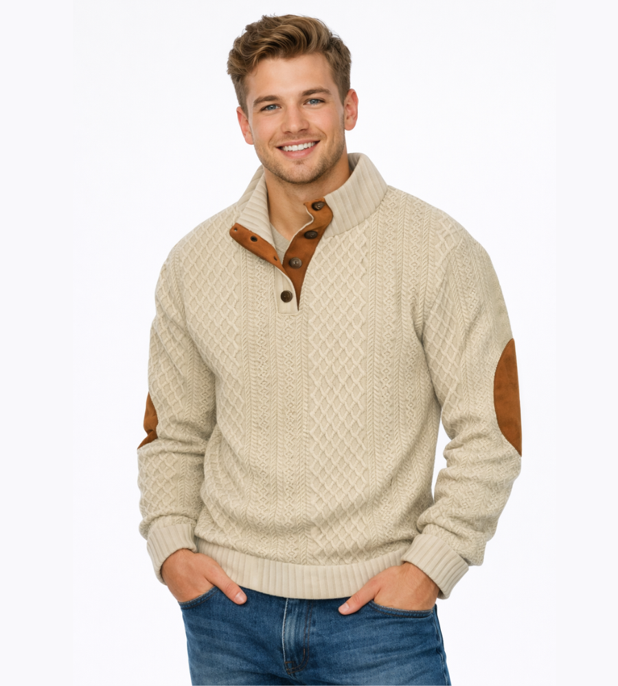 SYLVAIN - pull torsadé coudières col boutonné pour homme