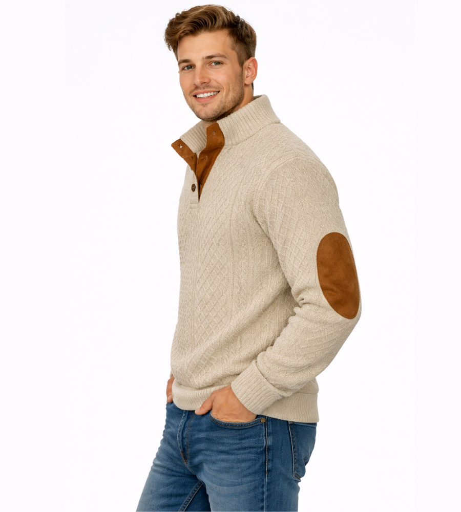 SYLVAIN - pull torsadé coudières col boutonné pour homme