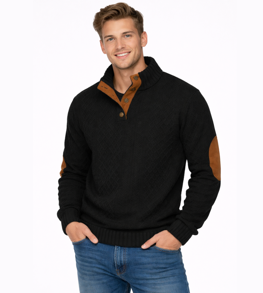 SYLVAIN - pull torsadé coudières col boutonné pour homme