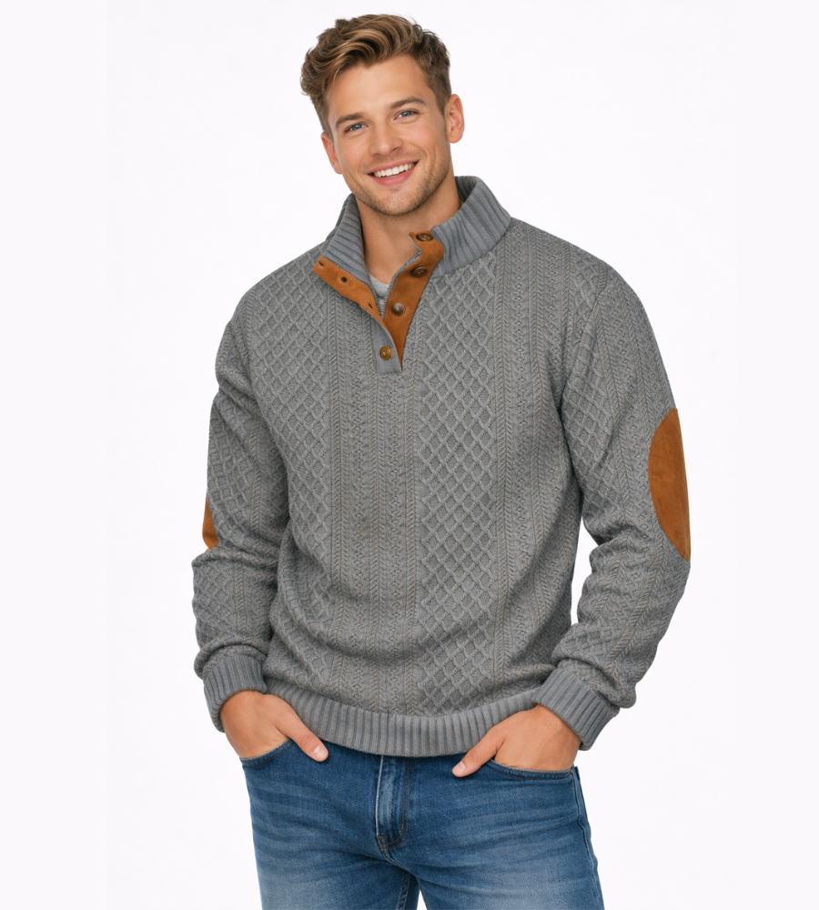 SYLVAIN - pull torsadé coudières col boutonné pour homme