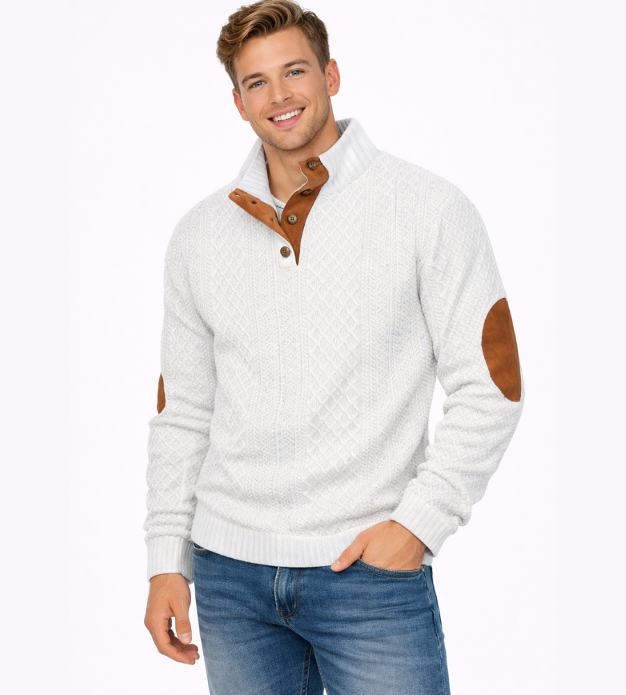 SYLVAIN - pull torsadé coudières col boutonné pour homme