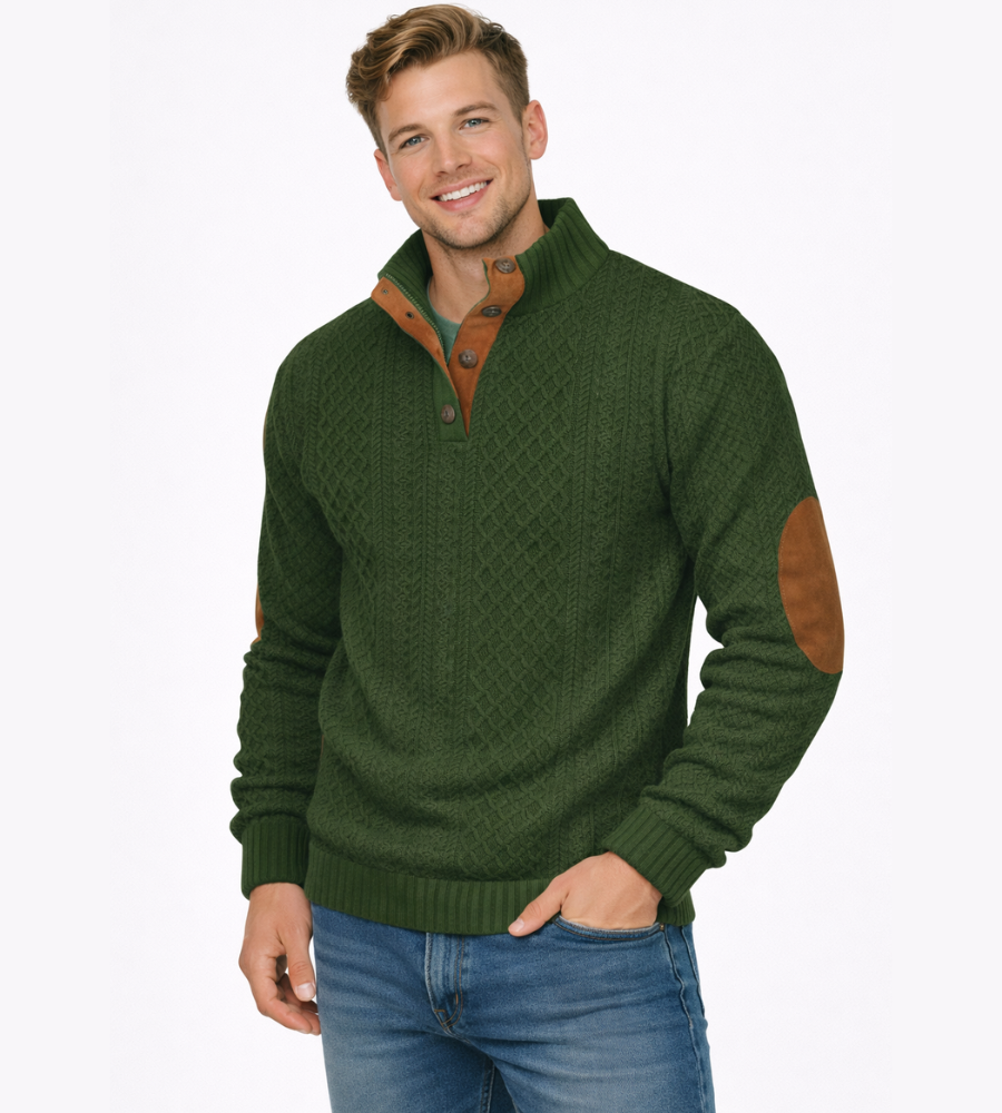SYLVAIN - pull torsadé coudières col boutonné pour homme